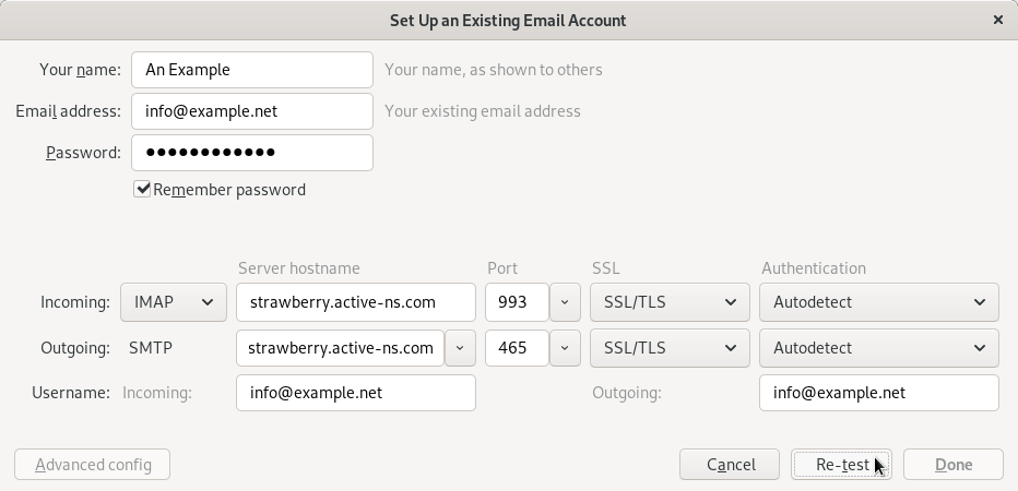 Manually configuring the email settings in Thunderbird.